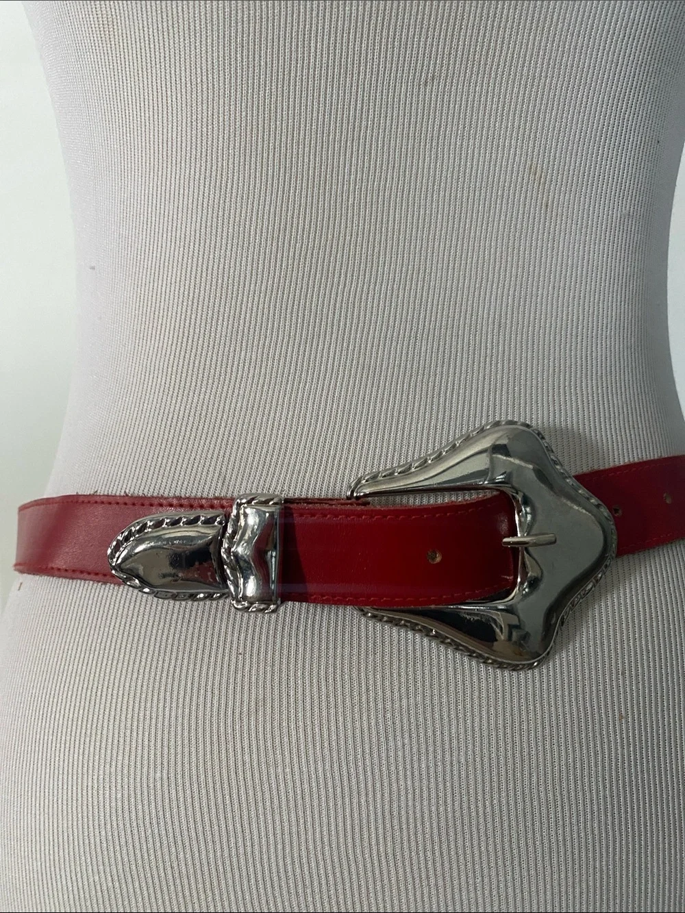 Vintage L. Chessler Red Leather Western-Style Belt with Silver Buckle